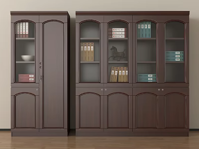 Dark Brown Wooden File Cabinets Featuring Glass And Wooden Doors With Books Folders Decorative Items 3d model