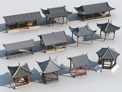 Traditional Chinese Landscape Pavilions Featuring Various Roof Designs And Architectural Styles 3d model
