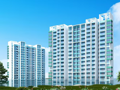 Modern High Rise Residential Building Against Blue Sky With Green Plants And Water Reflection 3d model