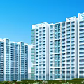 Modern High Rise Residential Building Against Blue Sky With Green Plants And Water Reflection
