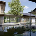 Boutique Hotel Building With Wooden Roof White Brick Walls Large Glass Windows And Green Lawn