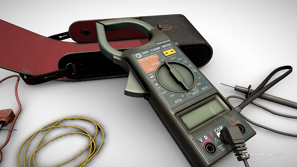 Industrial Clamp Meter With Digital Display Leather Case And Electrical Testing Cables 3d model 
