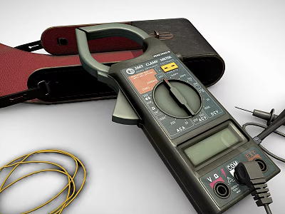 Industrial Clamp Meter With Digital Display Leather Case And Electrical Testing Cables 3d model