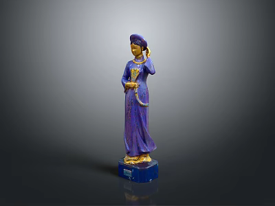 Exquisite Purple And Gold Figure Sculpture With Turban Decorative Necklace And Blue Base 3d model