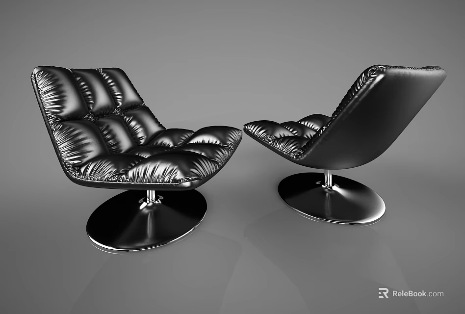 Two Modern Black Leather Leisure Chairs With Tufted Design And Round Metal Base 3d model 