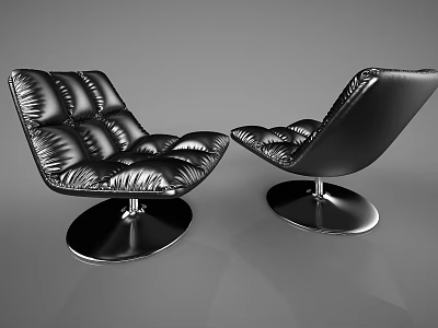 Two Modern Black Leather Leisure Chairs With Tufted Design And Round Metal Base 3d model
