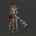 Woman In Gray Dress With Red Flower Decoration And Yellow Shoes Standing