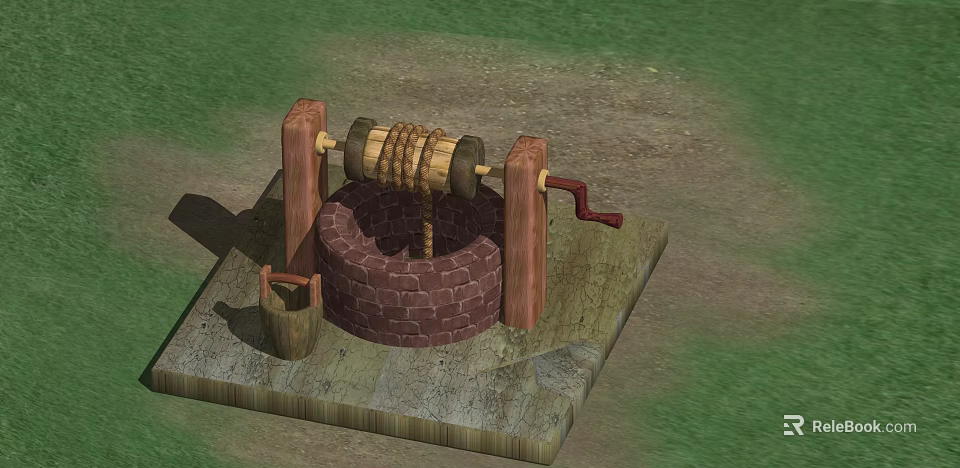Traditional Brick Well With Wooden Support Rope Drum Red Handle And Bucket 3d model 