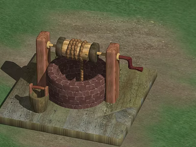 Traditional Brick Well With Wooden Support Rope Drum Red Handle And Bucket 3d model