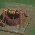 Traditional Brick Well With Wooden Support Rope Drum Red Handle And Bucket
