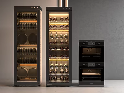 Modern Kitchen Appliances Featuring Wine Cooler Double Oven and Dishware Cabinet 3d model