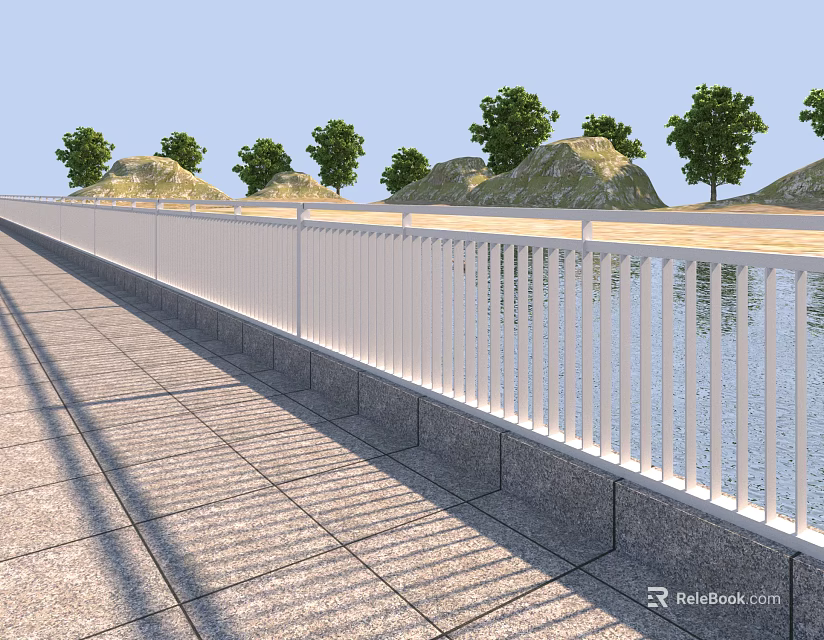 White Railing Along Paved Walkway By Water Area With Green Trees And Hills 3d model 