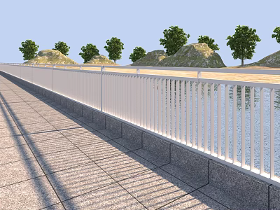 White Railing Along Paved Walkway By Water Area With Green Trees And Hills 3d model