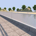 White Railing Along Paved Walkway By Water Area With Green Trees And Hills