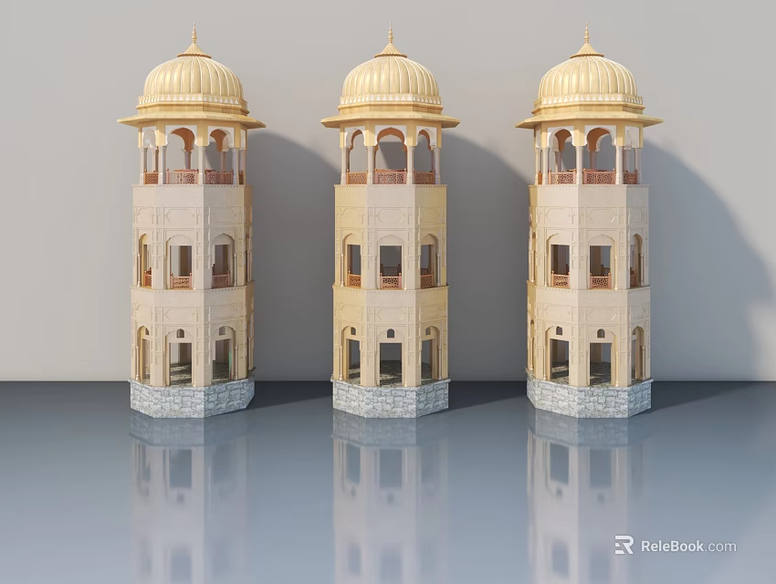 Classic Hinged Doors Featured In Traditional Tower Model With Golden Domes 3d model 