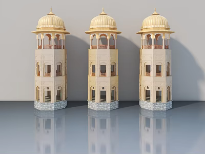 Classic Hinged Doors Featured In Traditional Tower Model With Golden Domes 3d model
