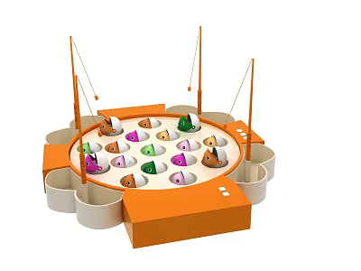 Kids Playground Equipment Interactive Circular Fishing Game With Colorful Fish Toys And Orange Frame 3d model