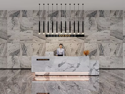 Luxurious Marble Reception Desk With Pendant Lights And Marble Background Wall In Lobby 3d model