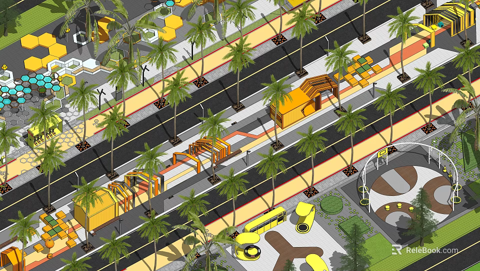 Scenic Commercial Street with Palm Trees Sidewalks Yellow Buildings and Pedestrian Greenery 3d model 