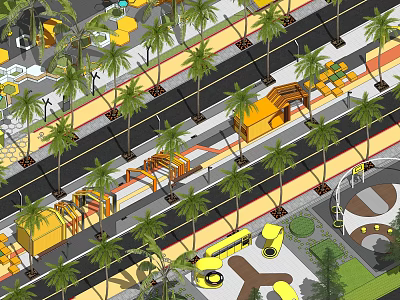Scenic Commercial Street with Palm Trees Sidewalks Yellow Buildings and Pedestrian Greenery 3d model