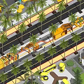 Scenic Commercial Street with Palm Trees Sidewalks Yellow Buildings and Pedestrian Greenery