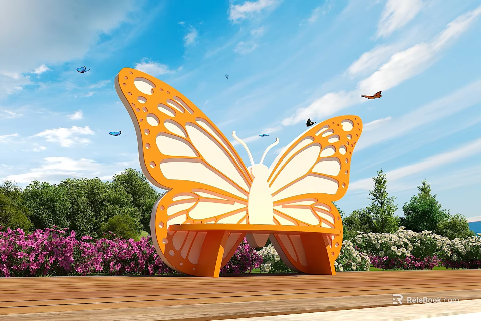 Butterfly Shaped Landscape Bench In Garden With Flowers And Blue Sky 3d model 