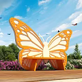 Butterfly Shaped Landscape Bench In Garden With Flowers And Blue Sky