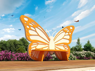 Butterfly Shaped Landscape Bench In Garden With Flowers And Blue Sky 3d model