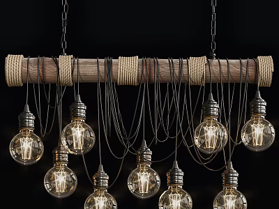 Vintage Decorative Chandelier With Wooden Rod Rope Wrapped And Multiple Clear Bulbs 3d model