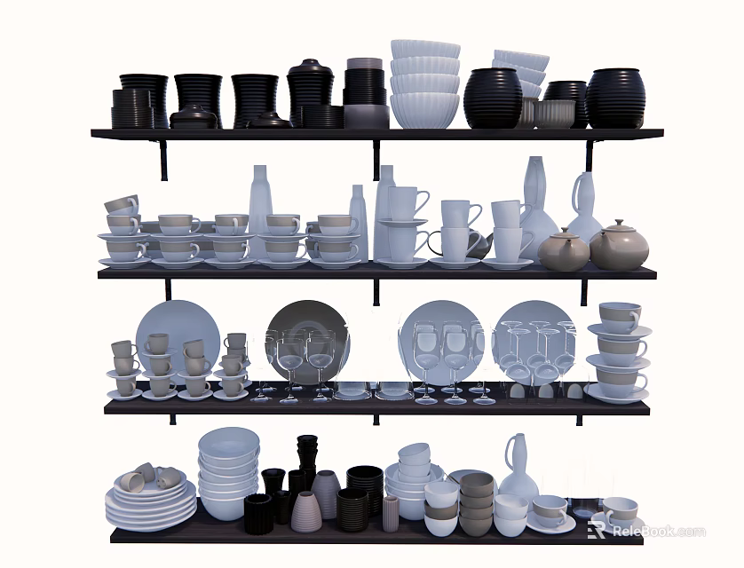 Modern Dinnerware Set With Assorted Bowls Plates Cups And Jugs On Multiple Shelves 3d model 