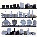 Modern Dinnerware Set With Assorted Bowls Plates Cups And Jugs On Multiple Shelves