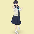 School Girl In White Jacket Blue Scarf Dark Pleated Skirt White Sneakers On Yellow Background