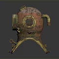 Vintage Diving Helmet With Rusty Copper Finish And Gold Accents Round Viewport