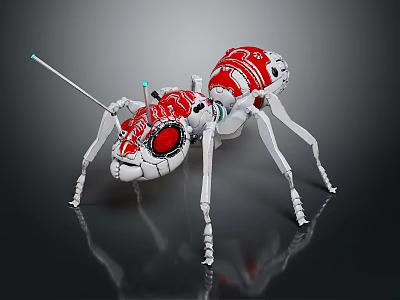 Red and White Mechanical Ant Robot With Long Antennae And Mechanical Legs 3d model