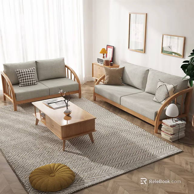 Modern Fabric Sofas And Wooden Coffee Table Set In Living Room With Curtains And Rug 3d model 