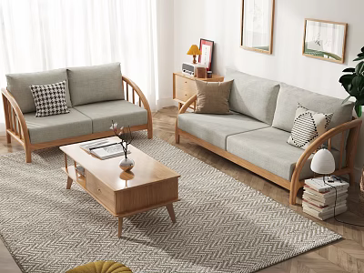 Modern Fabric Sofas And Wooden Coffee Table Set In Living Room With Curtains And Rug 3d model