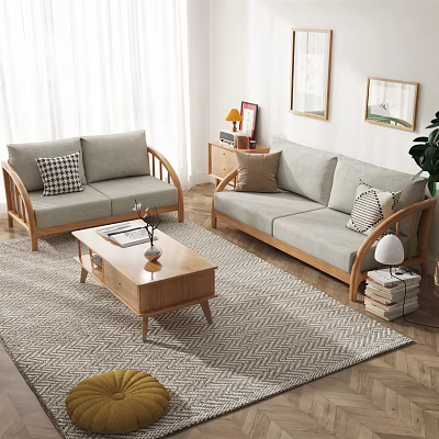 Modern Fabric Sofas And Wooden Coffee Table Set In Living Room With Curtains And Rug 3d model