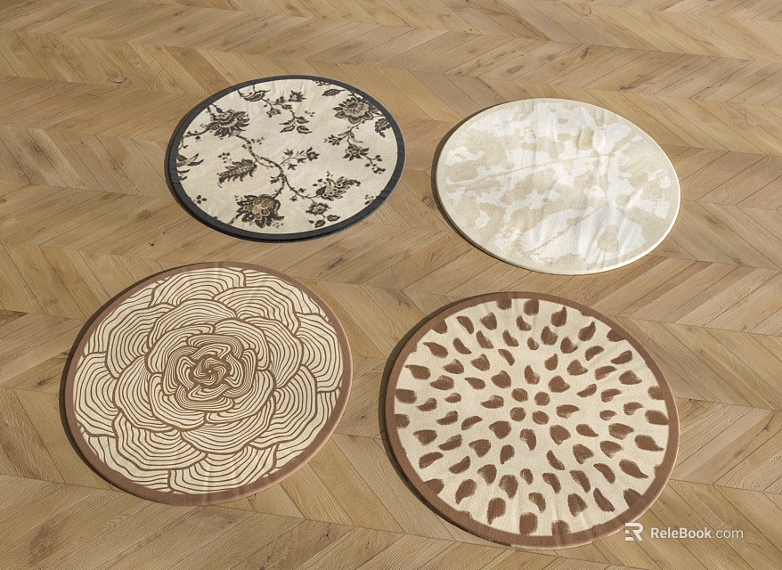 Round Rugs With Floral Textured And Dotted Patterns On Wooden Floor 3d model 