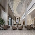 Modern Hotel Lobby Interior With Gray Sofas Chandelier Green Plant Marble Walls And Large Windows