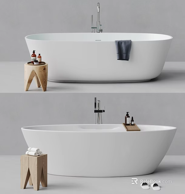 Modern Oval Bathtub In Minimalist Bathroom With Stool Towels And Bath Products 3d model 