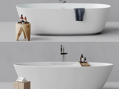 Modern Oval Bathtub In Minimalist Bathroom With Stool Towels And Bath Products 3d model