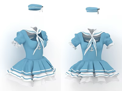 Blue Sailor Style Dress With White Bow Tie Ruffled Sleeves And Pleated Skirt Design 3d model