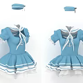 Blue Sailor Style Dress With White Bow Tie Ruffled Sleeves And Pleated Skirt Design