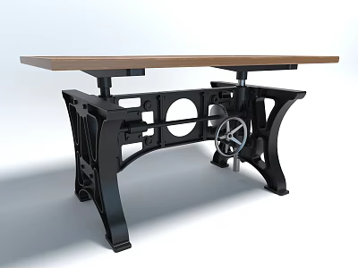 Industrial Style Functional Desk With Metal Frame Gear Design And Wooden Top 3d model