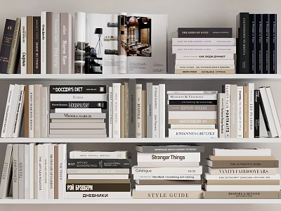 Neatly Arranged Books and Magazines on White Bookshelf with Various Titles and Sizes 3d model