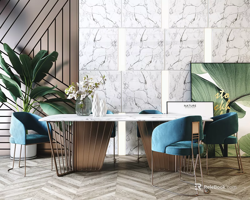 Elegant Modern Dining Table Set With Marble Top Blue Chairs And Metal Frame 3d model 