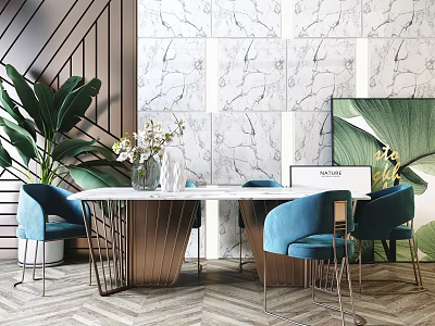 Elegant Modern Dining Table Set With Marble Top Blue Chairs And Metal Frame 3d model