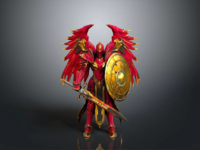 Red Winged Fantasy Warrior 3D Model With Golden Armor Shield And Sword 3d model