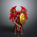 Red Winged Fantasy Warrior 3D Model With Golden Armor Shield And Sword