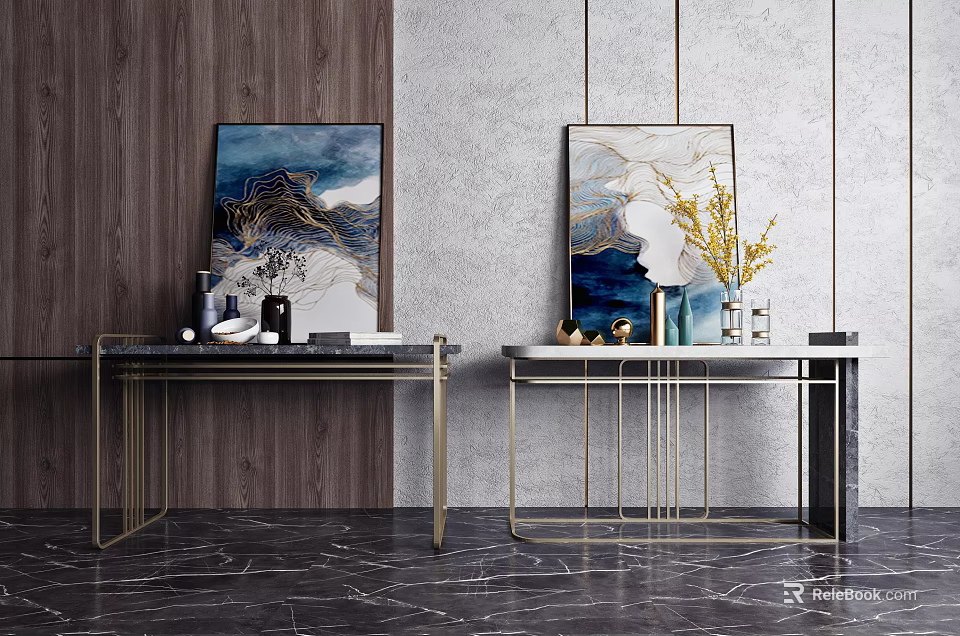 Elegant Modern Console Tables With Gold Frames Marble Tops And Artwork 3d model